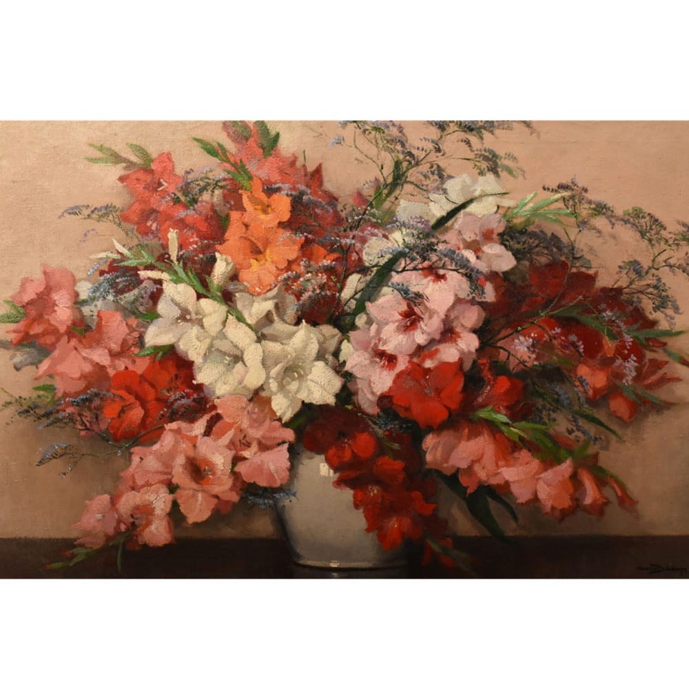 QF788 3 antique floral roses painting flower oil still life XIX
